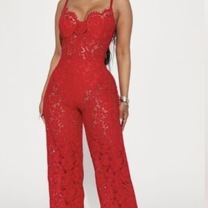 Fashion Nova Red Lace Bustier Wide-Leg Jumpsuit